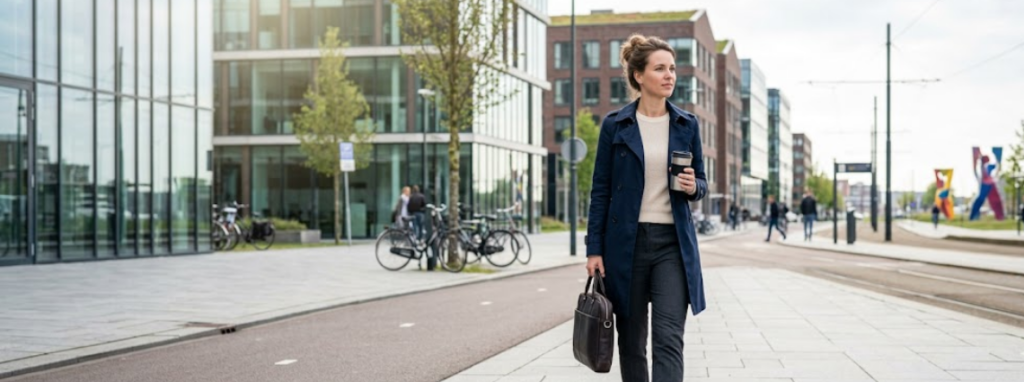 Vrouw onderweg naar haar werk