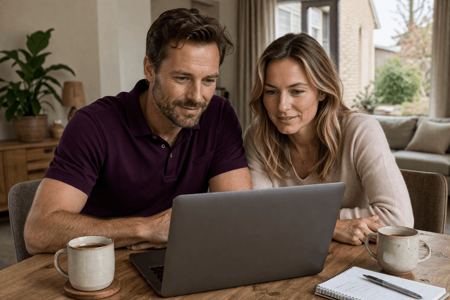 Stel kijkt naar de laptop