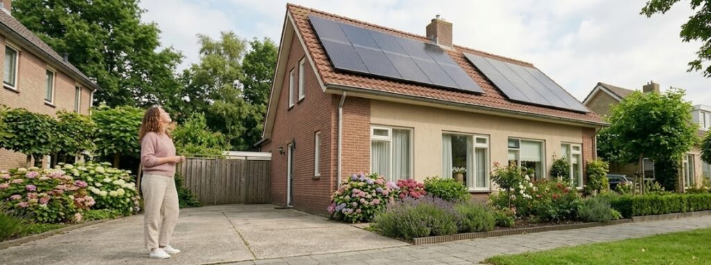 Vrouw kijkend naar zonnepanelen