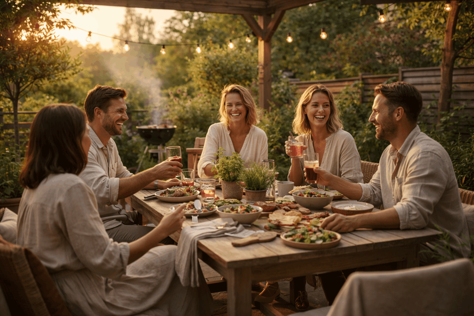 Vrienden genieten van zonsondergang in tuin